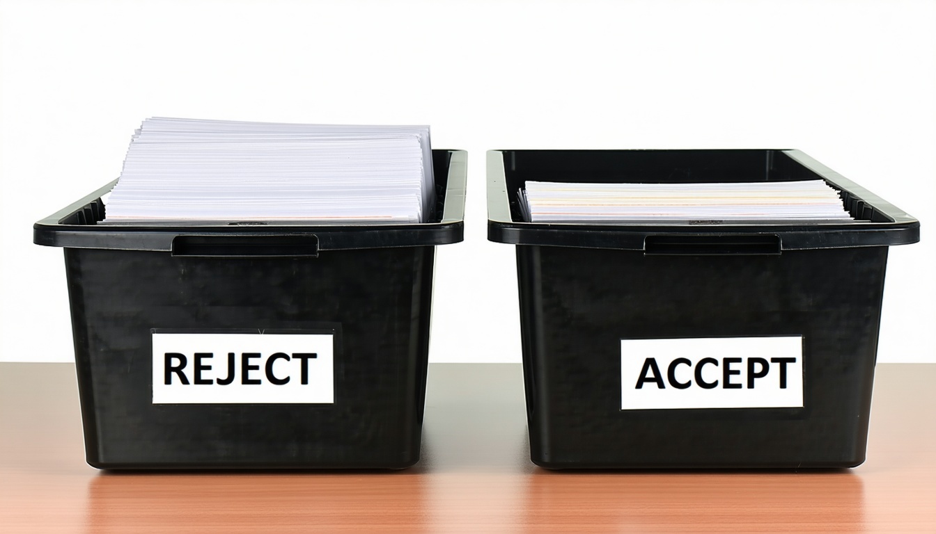 Iktatótálcák az asztalon Az egyiket REJECT-nek, a másikat pedig ACCEPT-1-nek jelölték.