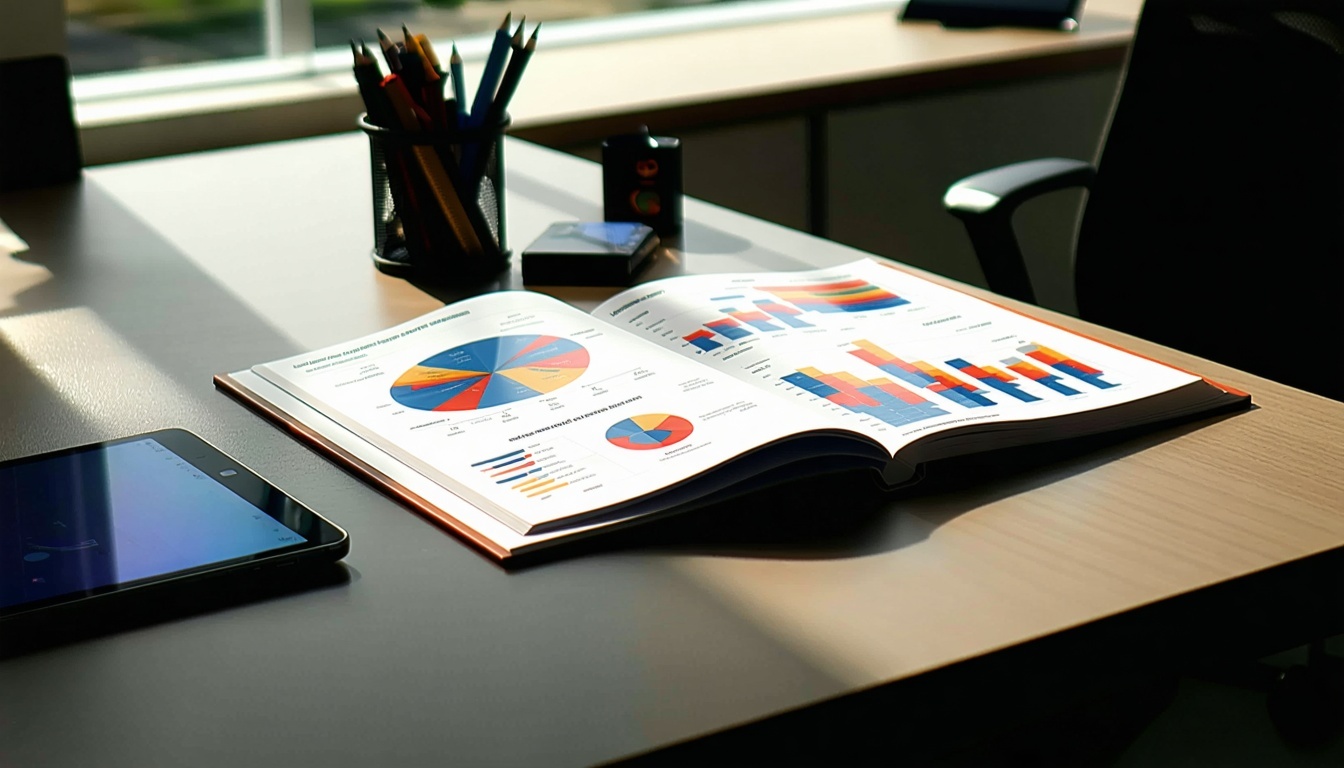 Az elegáns, kortárs irodai íróasztal sima, polírozott felülettel büszkélkedhet, amelyet a közeli ablakon keresztül beáramló természetes fény világít meg Az íróasztalon egy bekötött marketingjelentés áll, amelynek professzionális borítója élénk dizájnnal és merész tipográfiával rendelkezik-2